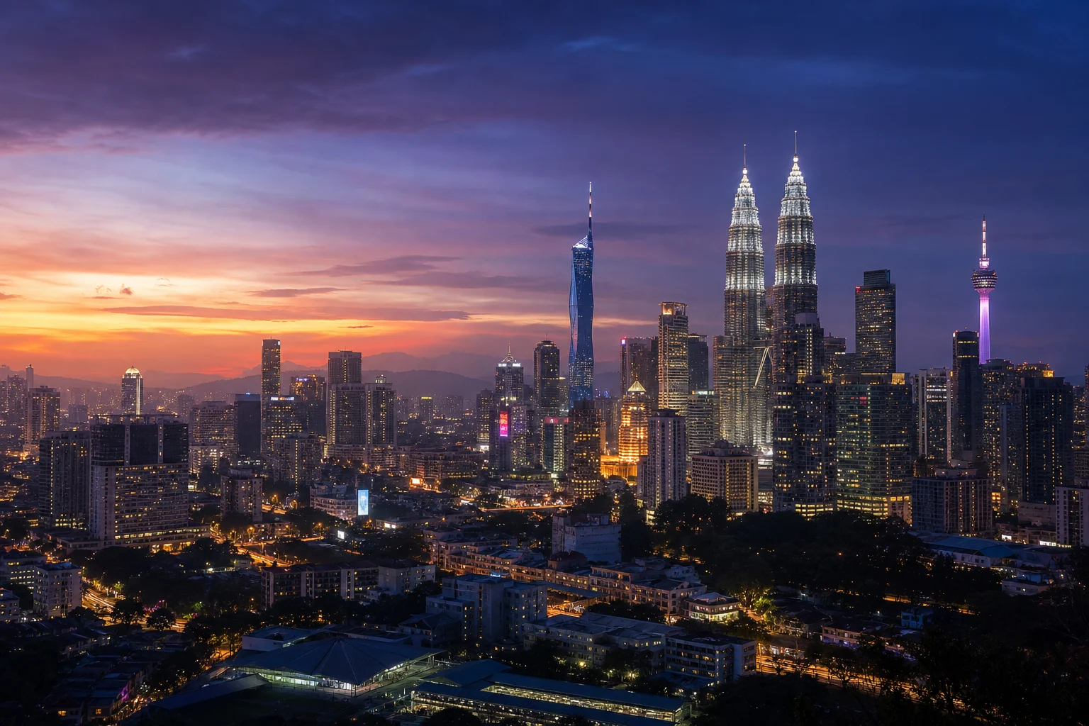 Kuala Lumpur skyline at twilight with KLCC, Merdeka 118, and Kuala Lumpur Tower
